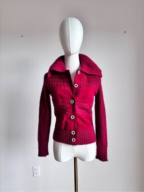 torras spain vintage red knit suede button up cardigan jacket size small